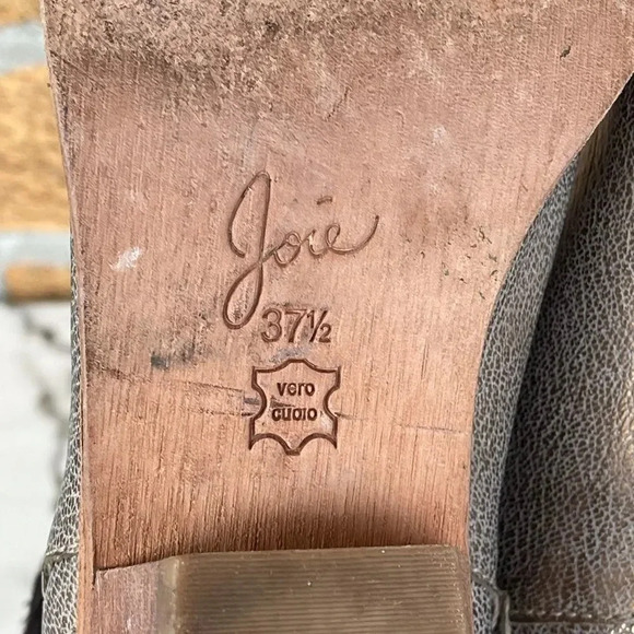 Joie Leather Metallic Gold Wood Stacked Block Heel Point Toe Ankle Boots Sz 37.5 - Picture 9 of 11